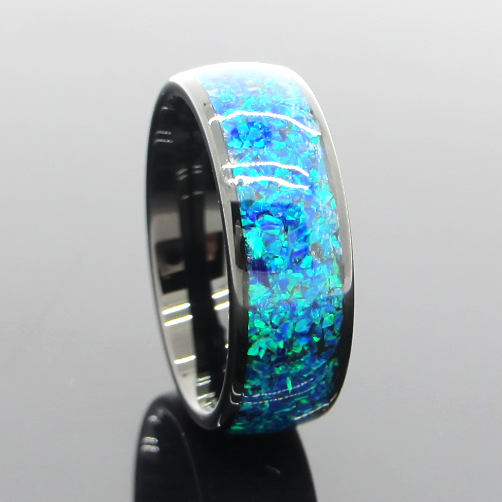 8 mm schwarzer Wolframring, blaue Opal-Inlay-Eheringe