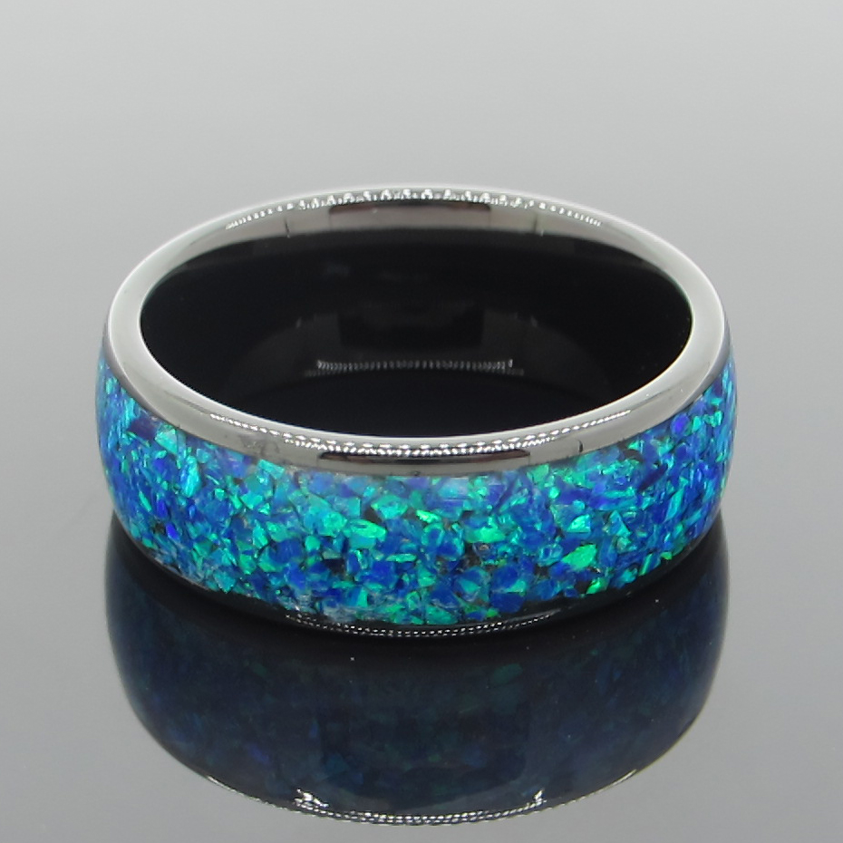 8 mm schwarzer Wolframring, blaue Opal-Inlay-Eheringe