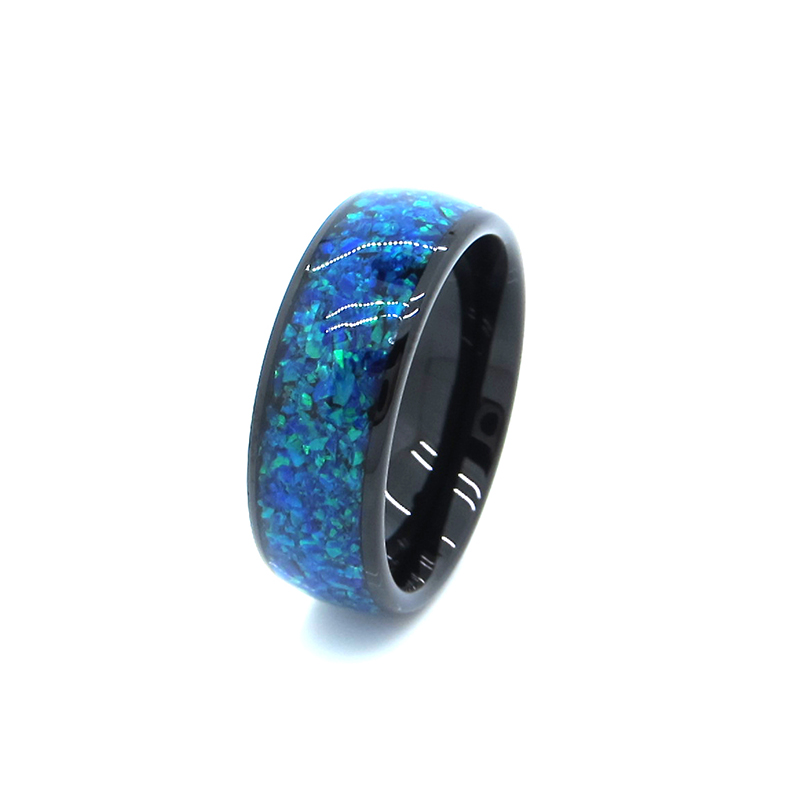 8 mm schwarzer Wolframring, blaue Opal-Inlay-Eheringe