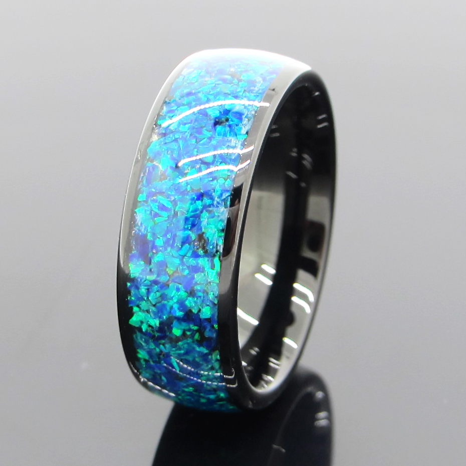 8 mm schwarzer Wolframring, blaue Opal-Inlay-Eheringe