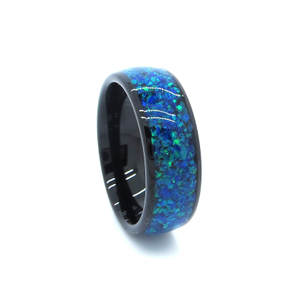 8 mm schwarzer Wolframring, blaue Opal-Inlay-Eheringe