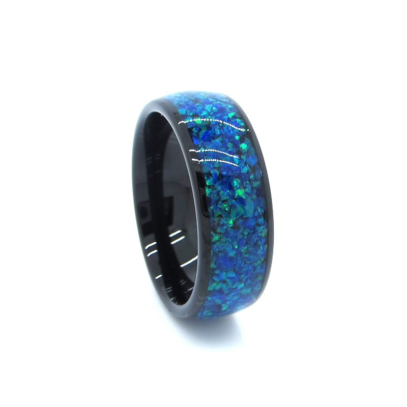 8 mm schwarzer Wolframring, blaue Opal-Inlay-Eheringe