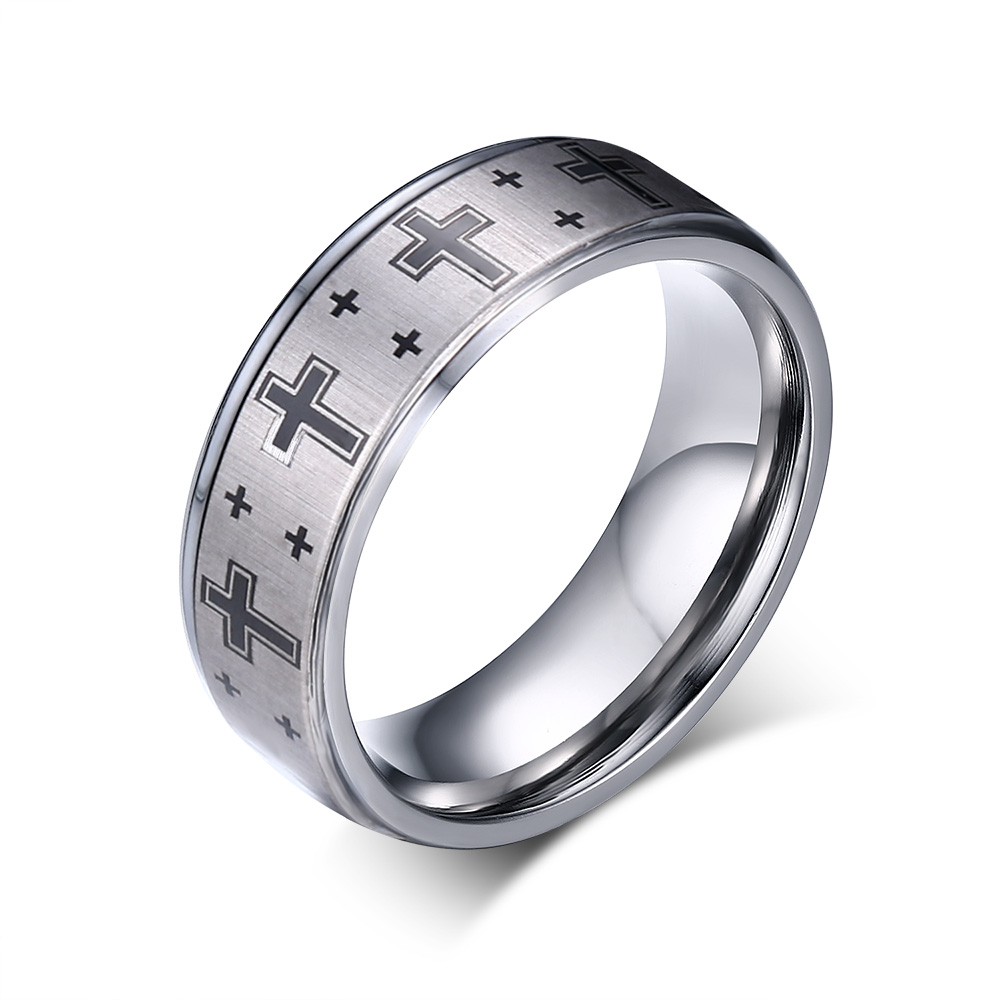 Statement-Ring für Herren aus Wolframstahl mit sich wiederholendem Kreuzdesign