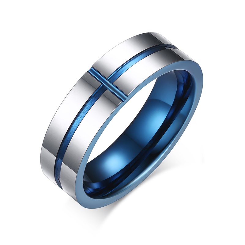 Mode blau vergoldet Kreuz Wolframstahl für Männer Frauen Ring Schmuck Zubehör schöne Hochzeit Band Jubiläum Souvenir