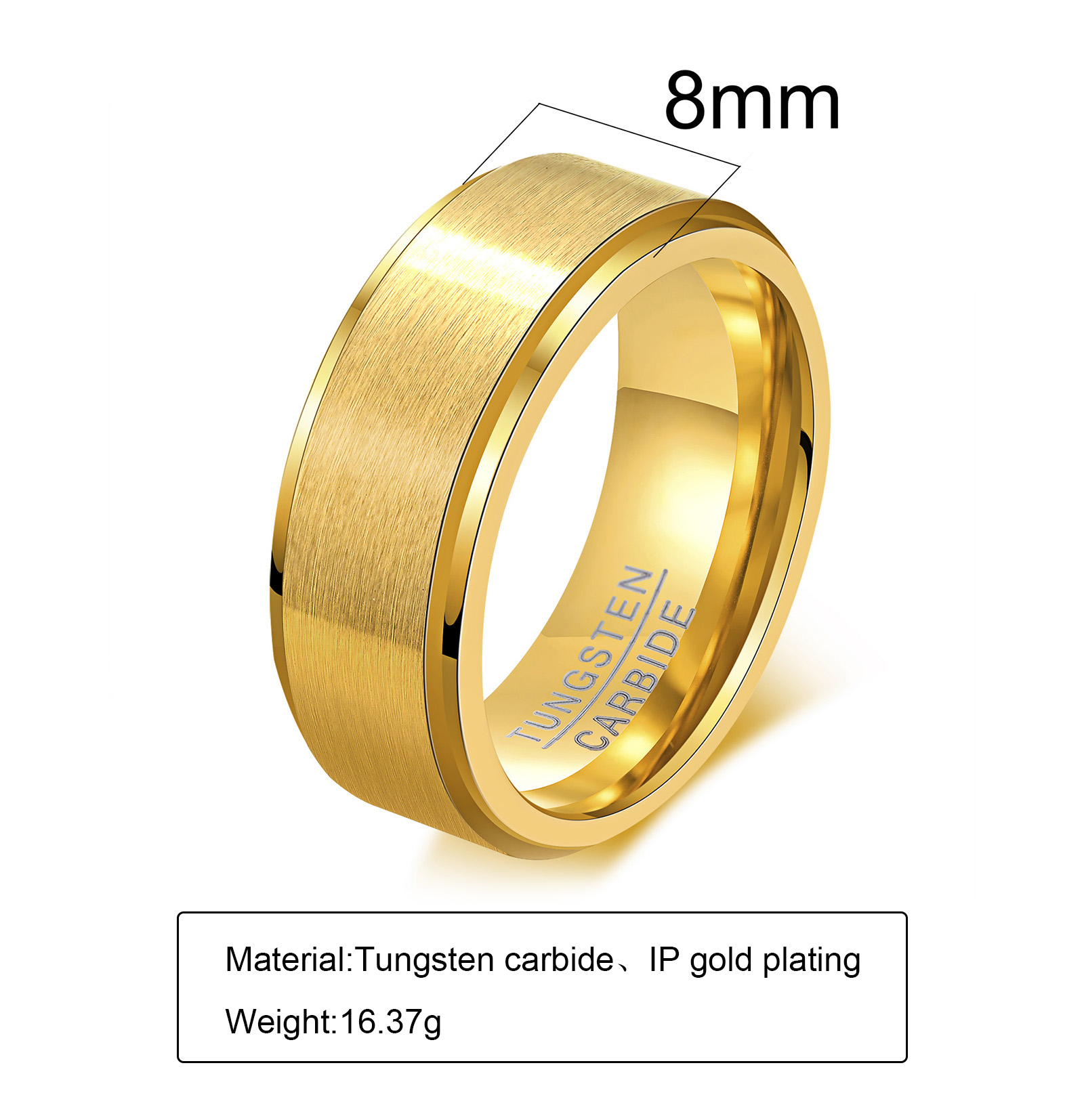 8 mm goldener Wolframcarbid-Ring, gebürsteter Ehering für Männer und Frauen, bequeme Passform