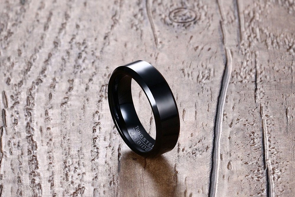 6 mm schwarzer Wolframcarbid-Ring für Herren und Damen, hochglanzpolierte, abgeschrägte Kanten