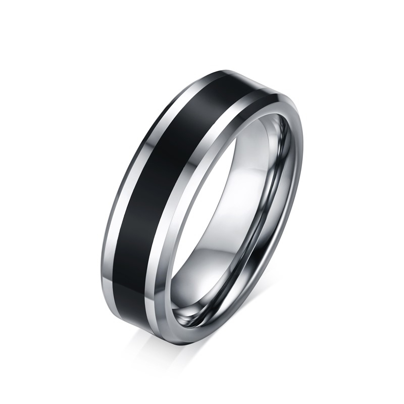 6 mm schlichter Herren-Wolframkarbid-Ring aus Silber und schwarzer Emaille