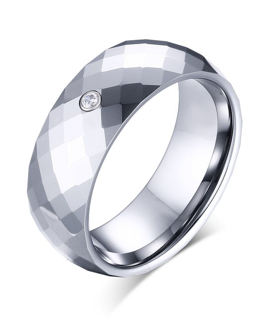  8 mm glänzender, diamantgeschliffener, facettierter Wolframring aus Silber mit CZ