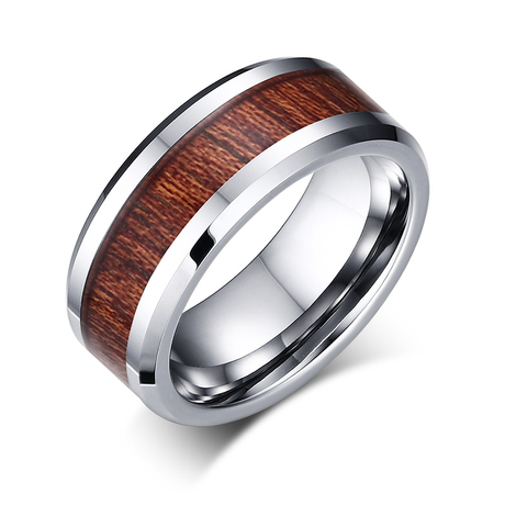 Wolframkarbid-Ring aus echtem natürlichem hawaiianischem Koa-Holz mit Baumeinlage und bequemer Passform